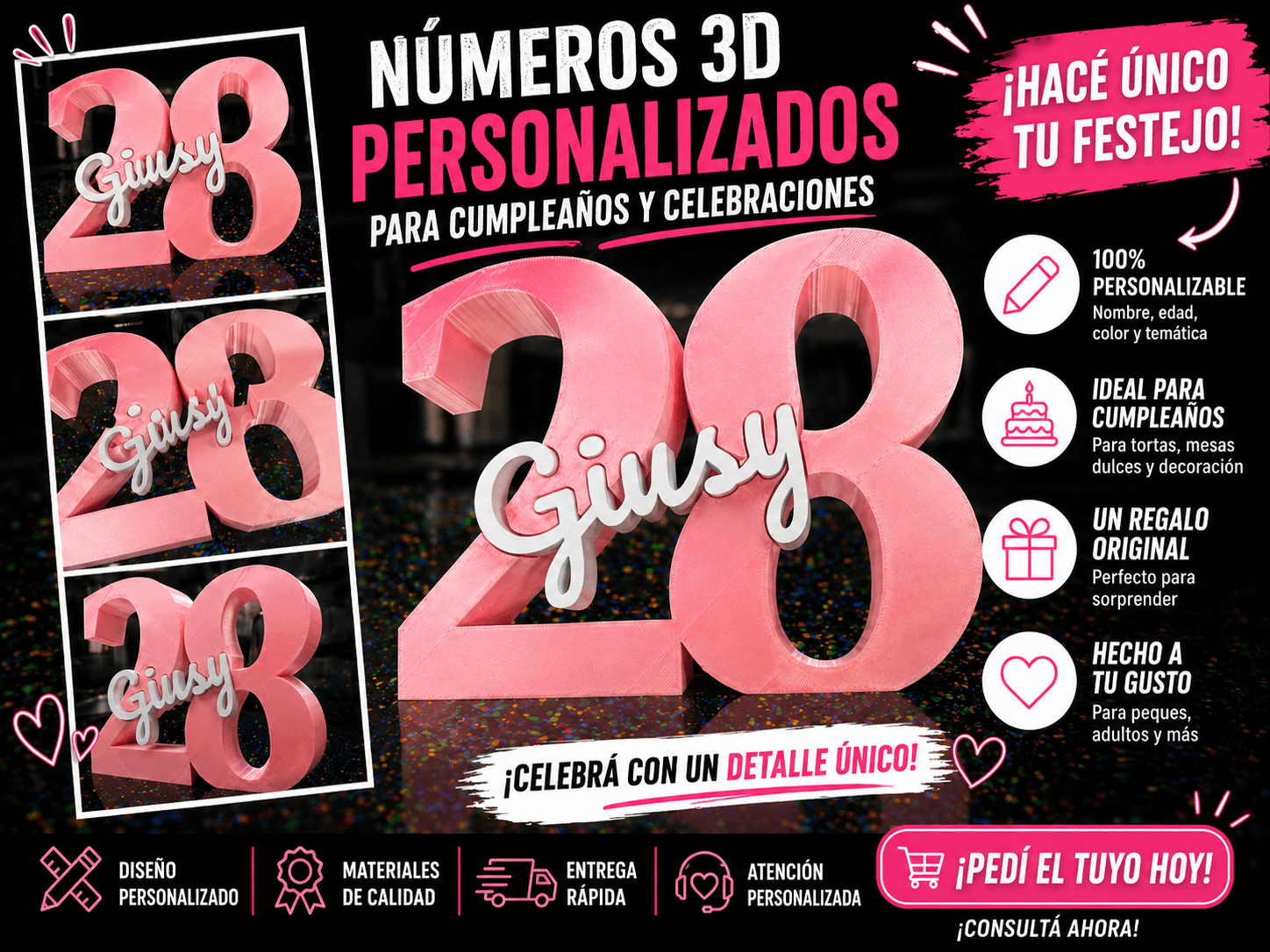 Centro de mesa para fiestas con nombre (20x16cm) — Números 3D personalizados para cumpleaños, mesas dulces y decoración de fiestas. Elegí nombre, edad, color y temática. Hechos a pedido. | Moldera Uruguay